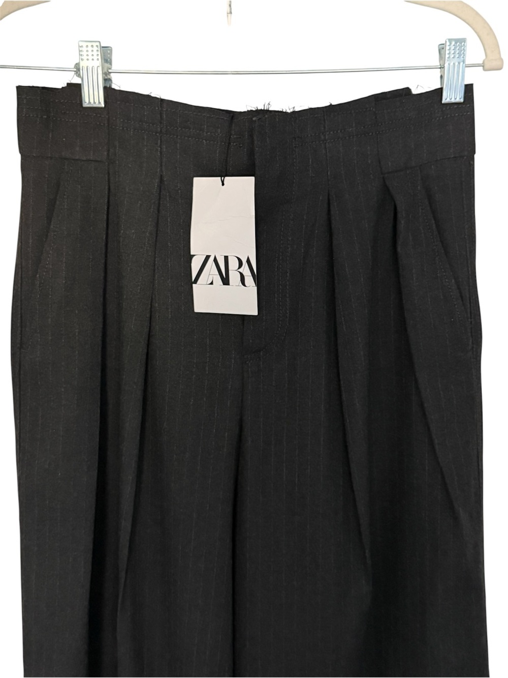 NWT! Zara High Waisted Wide Leg Pinstripe  Trousers Raw Edge Waist Tailored XS - Picture 7 of 9